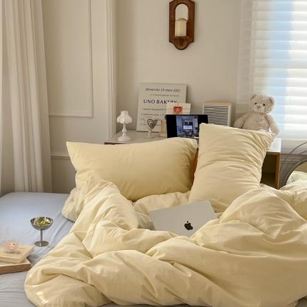 91家纺网 家纺一手货源 找家纺 六巷胡同新款ins博主风纯色混搭四件套全棉水洗棉 奶油黄浅蓝