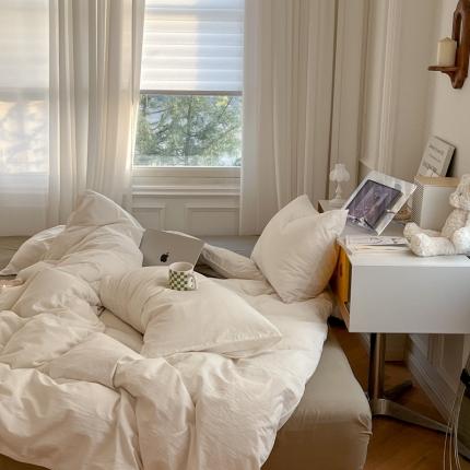 91家纺网 家纺一手货源 找家纺 六巷胡同新款ins博主风纯色混搭四件套全棉水洗棉 牛乳白豆绿