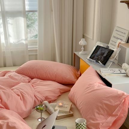 91家纺网 家纺一手货源 找家纺 六巷胡同新款ins博主风纯色混搭四件套全棉水洗棉 樱桃粉奶黄