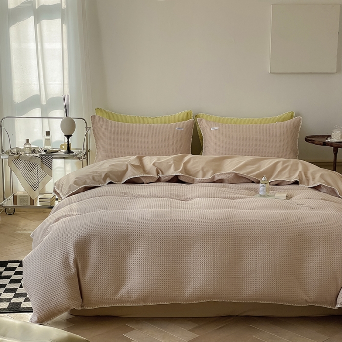 91家纺网 家纺一手货源 找家纺 洋铭区 2022新款全棉华夫格四件套 米杏色