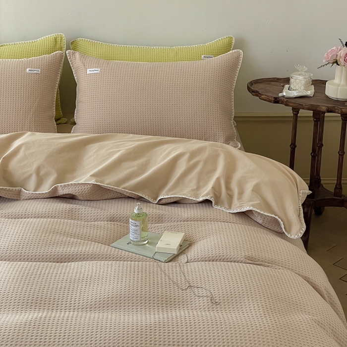 91家纺网 家纺一手货源 找家纺 洋铭区 2022新款全棉华夫格四件套 米杏色