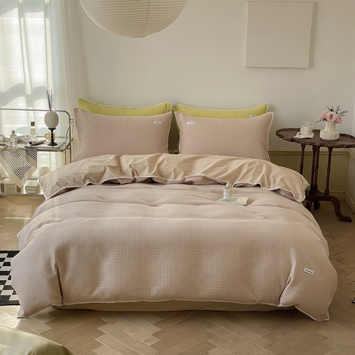 91家纺网 家纺一手货源 找家纺 洋铭区 2022新款全棉华夫格四件套 米杏色