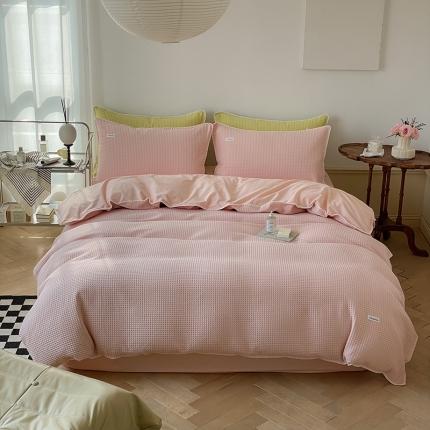 91家纺网 家纺一手货源 找家纺 洋铭区 2022新款全棉华夫格四件套 蜜桃粉