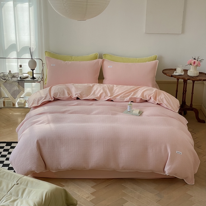 91家纺网 家纺一手货源 找家纺 洋铭区 2022新款全棉华夫格四件套 蜜桃粉