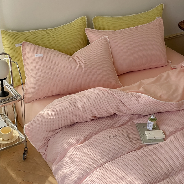 91家纺网 家纺一手货源 找家纺 洋铭区 2022新款全棉华夫格四件套 蜜桃粉