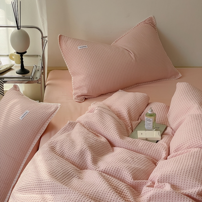 91家纺网 家纺一手货源 找家纺 洋铭区 2022新款全棉华夫格四件套 蜜桃粉