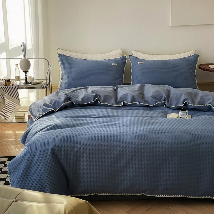 91家纺网 家纺一手货源 找家纺 洋铭区 2022新款全棉华夫格四件套 牛仔蓝