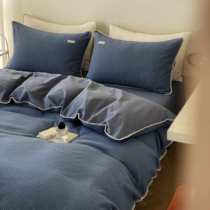 91家纺网 家纺一手货源 找家纺 洋铭区 2022新款全棉华夫格四件套 牛仔蓝