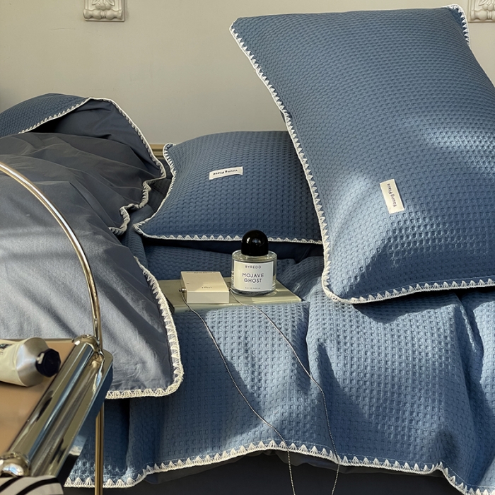 91家纺网 家纺一手货源 找家纺 洋铭区 2022新款全棉华夫格四件套 牛仔蓝