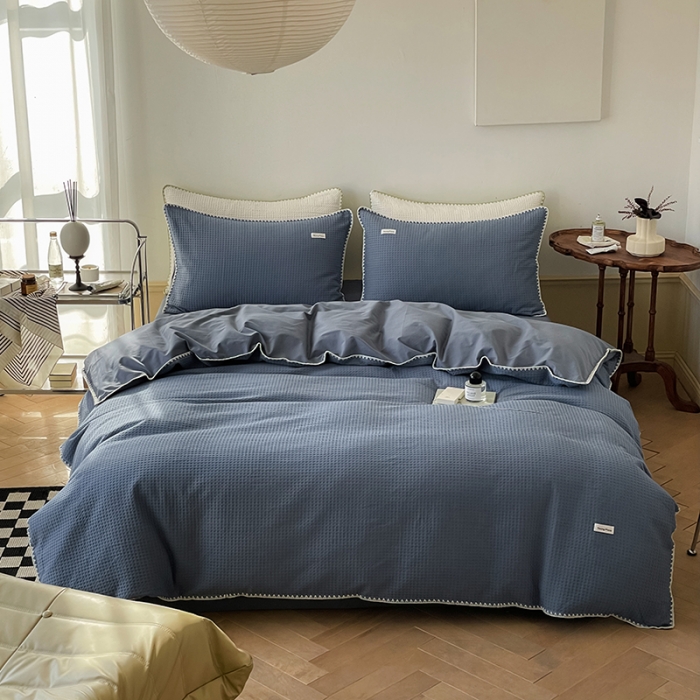 91家纺网 家纺一手货源 找家纺 洋铭区 2022新款全棉华夫格四件套 牛仔蓝