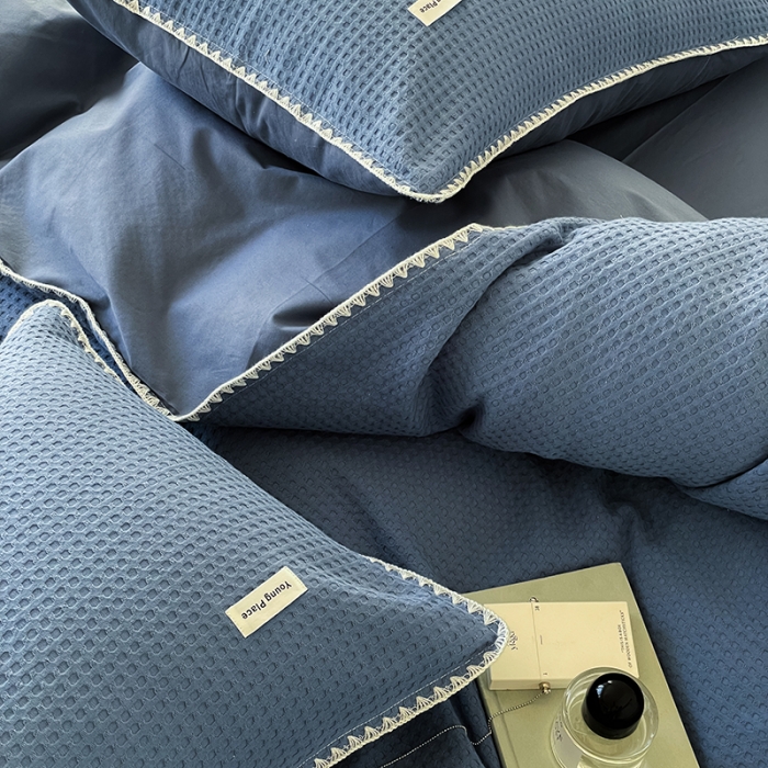 91家纺网 家纺一手货源 找家纺 洋铭区 2022新款全棉华夫格四件套 牛仔蓝