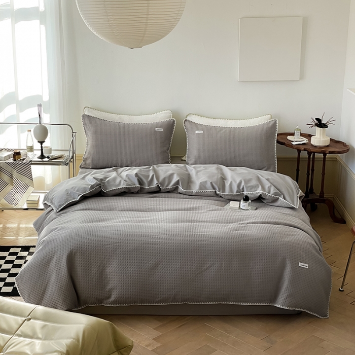 91家纺网 家纺一手货源 找家纺 洋铭区 2022新款全棉华夫格四件套 岩石灰