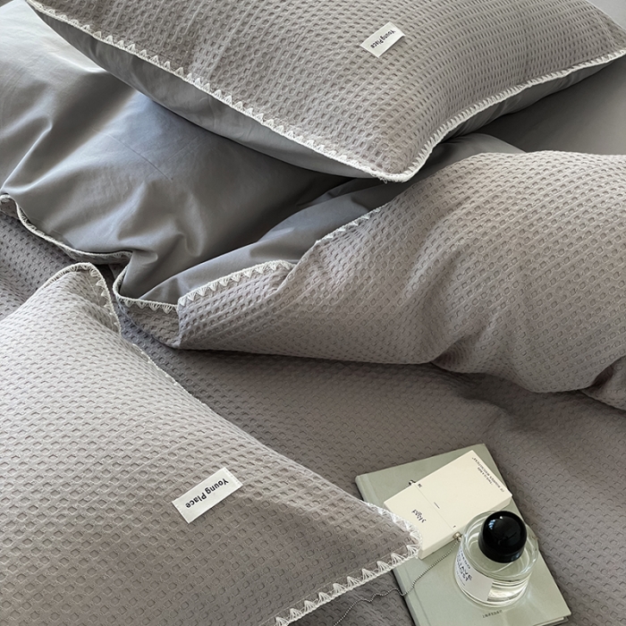 91家纺网 家纺一手货源 找家纺 洋铭区 2022新款全棉华夫格四件套 岩石灰