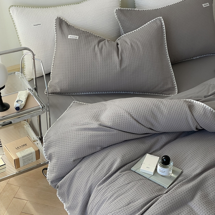 91家纺网 家纺一手货源 找家纺 洋铭区 2022新款全棉华夫格四件套 岩石灰