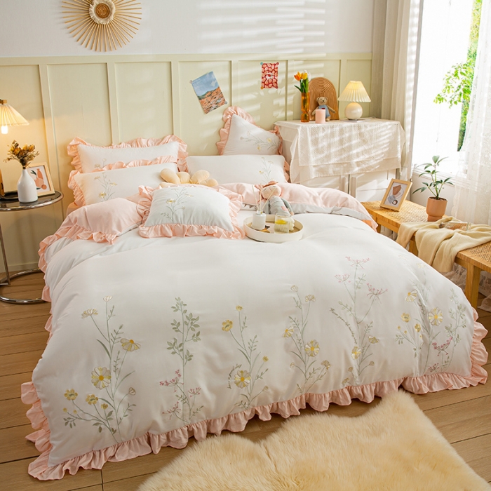 91家纺网 家纺一手货源 找家纺 涵宸 2022水洗氧棉刺绣四件套 花仙子— 奶白