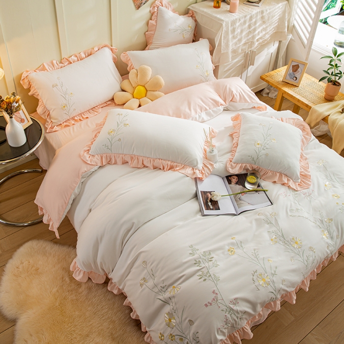 91家纺网 家纺一手货源 找家纺 涵宸 2022水洗氧棉刺绣四件套 花仙子— 奶白