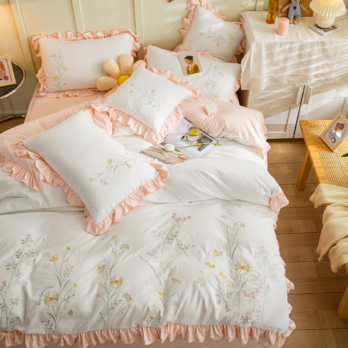 91家纺网 家纺一手货源 找家纺 涵宸 2022水洗氧棉刺绣四件套 花仙子— 奶白