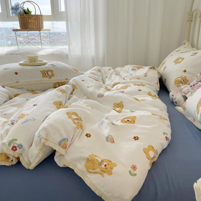 91家纺网 家纺一手货源 找家纺 2022 千朵新款双层纱全棉四件套纯棉四件套 乖乖虎