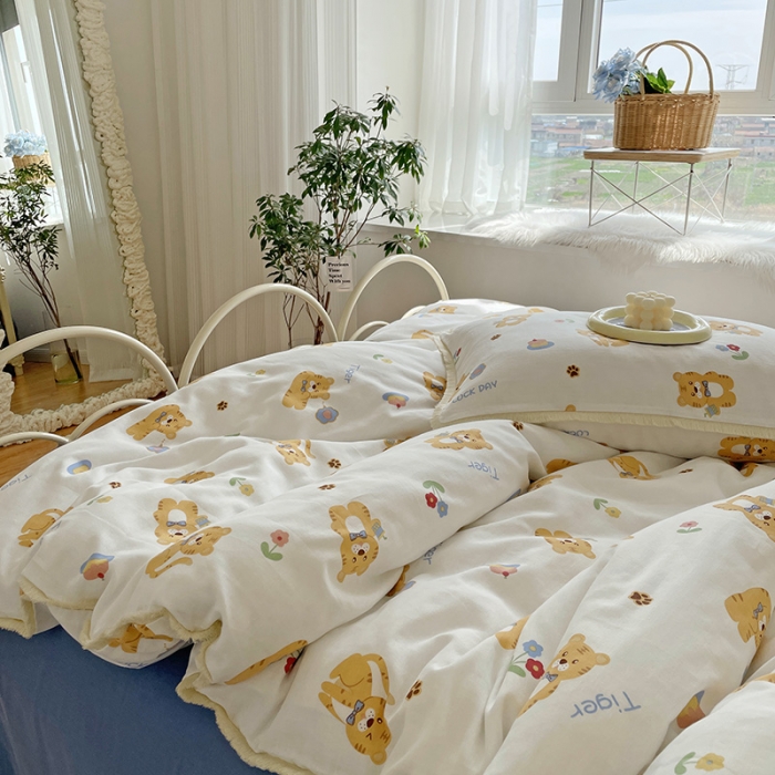 91家纺网 家纺一手货源 找家纺 2022 千朵新款双层纱全棉四件套纯棉四件套 乖乖虎