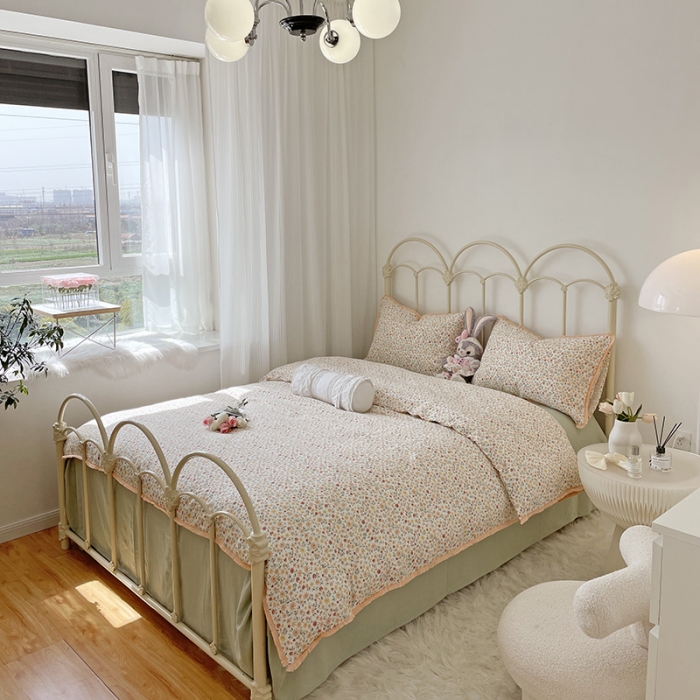 91家纺网 家纺一手货源 找家纺 2022 千朵新款双层纱全棉四件套纯棉四件套 花间-红