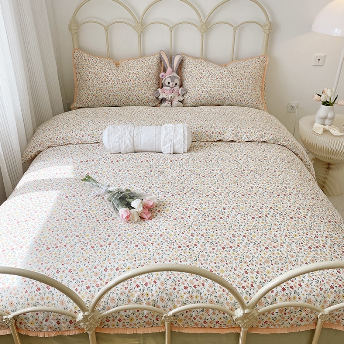 91家纺网 家纺一手货源 找家纺 2022 千朵新款双层纱全棉四件套纯棉四件套 花间-红