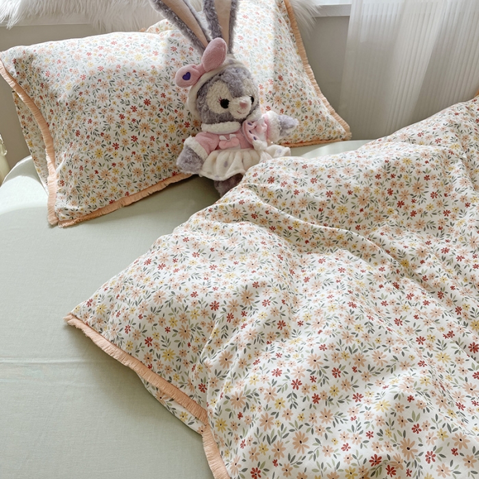 91家纺网 家纺一手货源 找家纺 2022 千朵新款双层纱全棉四件套纯棉四件套 花间-红