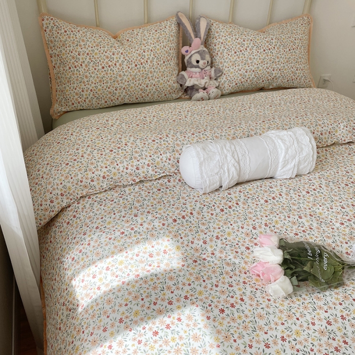 91家纺网 家纺一手货源 找家纺 2022 千朵新款双层纱全棉四件套纯棉四件套 花间-红