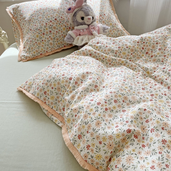 91家纺网 家纺一手货源 找家纺 2022 千朵新款双层纱全棉四件套纯棉四件套 花间-红