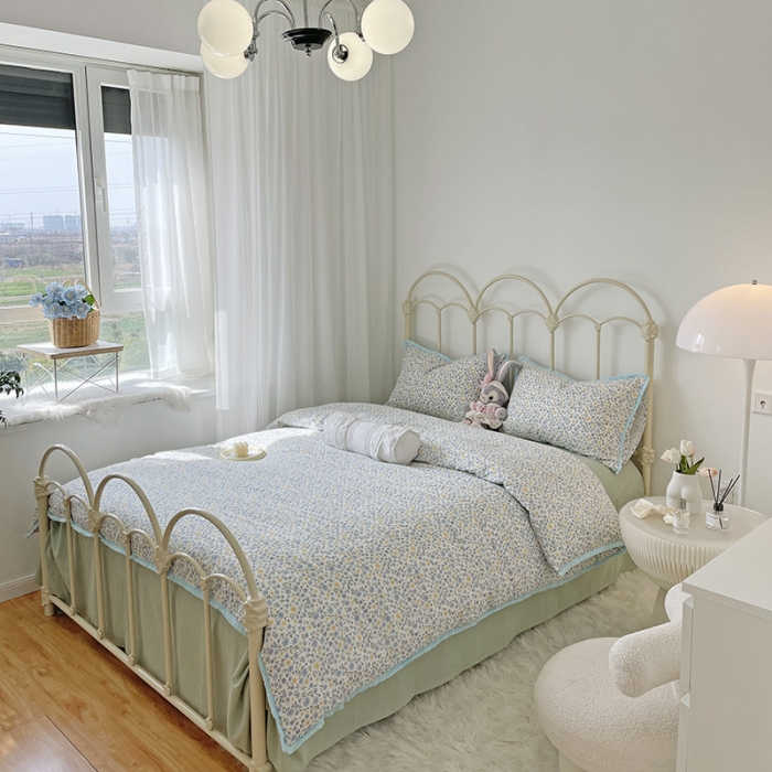 91家纺网 家纺一手货源 找家纺 2022 千朵新款双层纱全棉四件套纯棉四件套 花间-兰