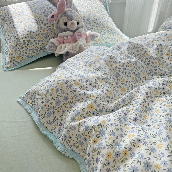 91家纺网 家纺一手货源 找家纺 2022 千朵新款双层纱全棉四件套纯棉四件套 花间-兰