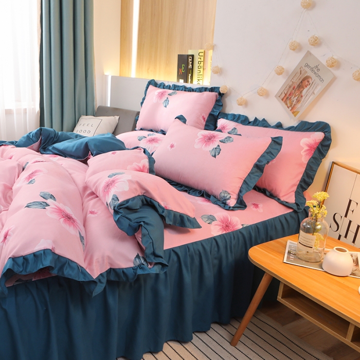 91家纺网 家纺一手货源 找家纺 （总）美莱家纺 2022韩版小清新加厚磨毛床裙四件套