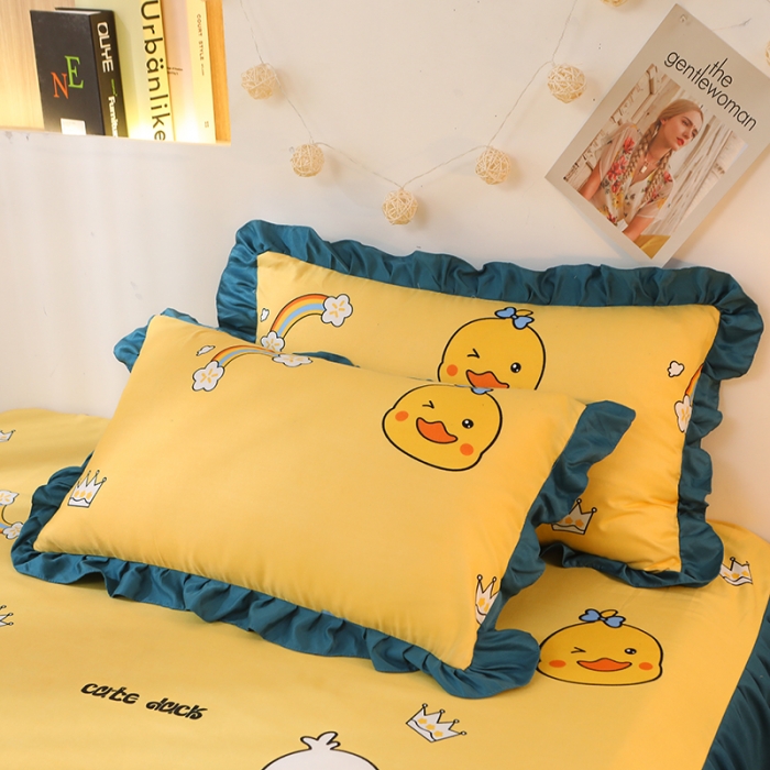 91家纺网 家纺一手货源 找家纺 美莱家纺 2022韩版小清新加厚磨毛床裙四件套 彩虹鸭