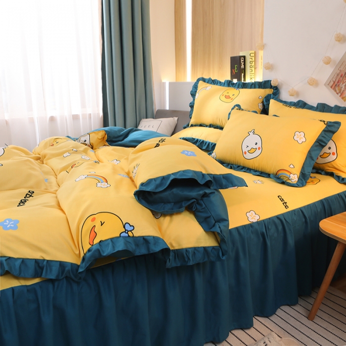 91家纺网 家纺一手货源 找家纺 美莱家纺 2022韩版小清新加厚磨毛床裙四件套 彩虹鸭