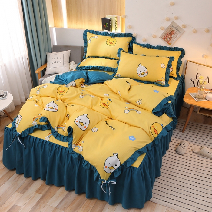 91家纺网 家纺一手货源 找家纺 美莱家纺 2022韩版小清新加厚磨毛床裙四件套 彩虹鸭