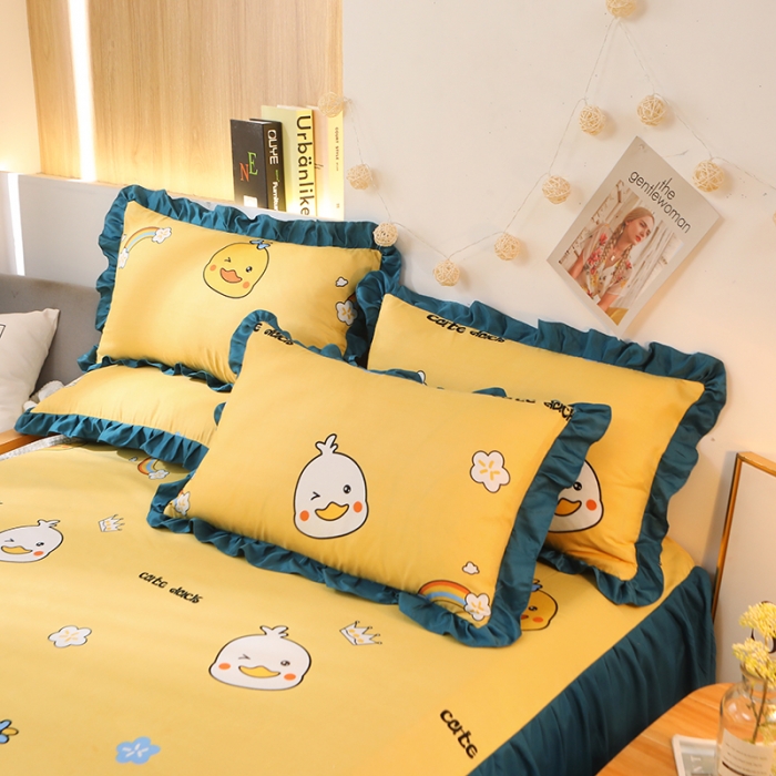 91家纺网 家纺一手货源 找家纺 美莱家纺 2022韩版小清新加厚磨毛床裙四件套 彩虹鸭