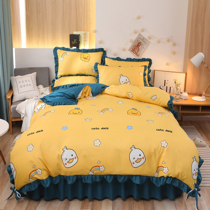 91家纺网 家纺一手货源 找家纺 美莱家纺 2022韩版小清新加厚磨毛床裙四件套 彩虹鸭