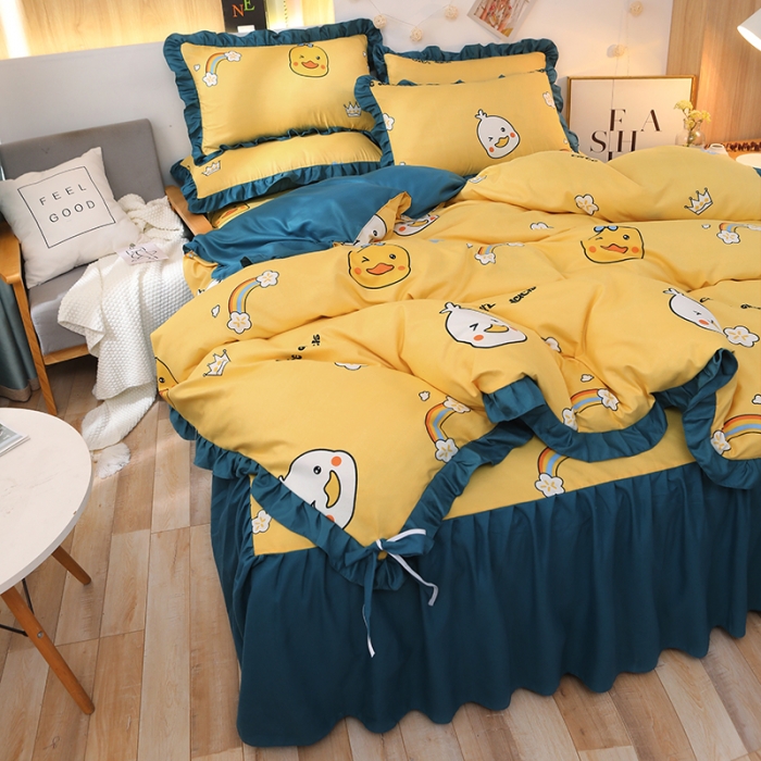 91家纺网 家纺一手货源 找家纺 美莱家纺 2022韩版小清新加厚磨毛床裙四件套 彩虹鸭