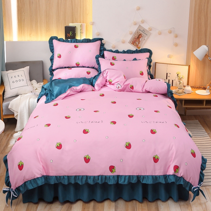 91家纺网 家纺一手货源 找家纺 美莱家纺 2022韩版小清新加厚磨毛床裙四件套 草莓甜心