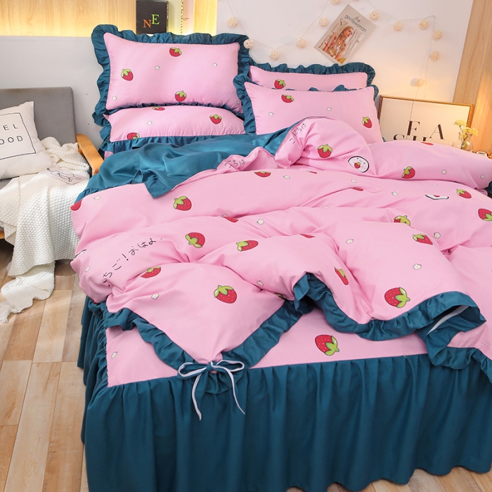 91家纺网 家纺一手货源 找家纺 美莱家纺 2022韩版小清新加厚磨毛床裙四件套 草莓甜心