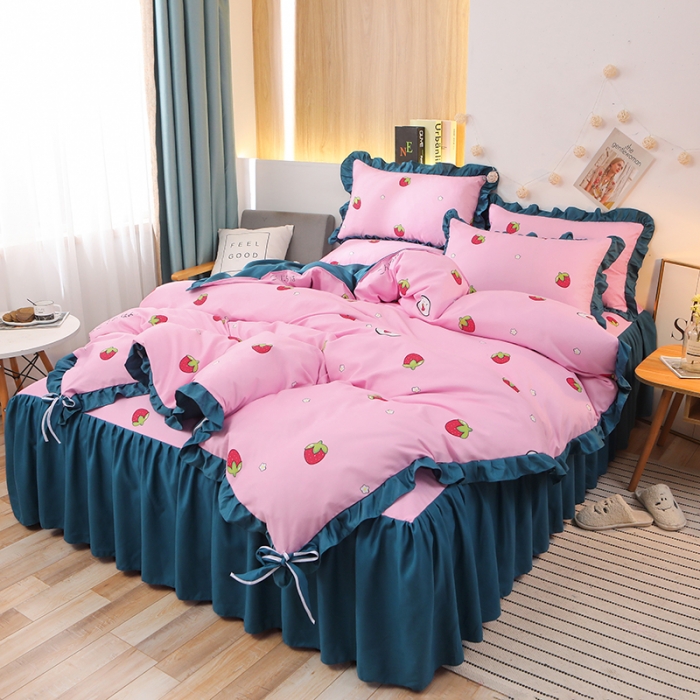 91家纺网 家纺一手货源 找家纺 美莱家纺 2022韩版小清新加厚磨毛床裙四件套 草莓甜心