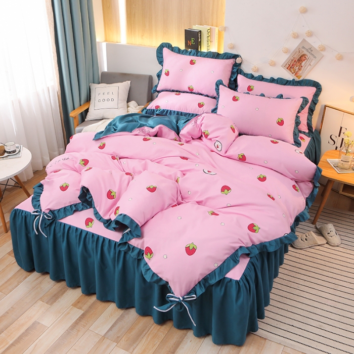 91家纺网 家纺一手货源 找家纺 美莱家纺 2022韩版小清新加厚磨毛床裙四件套 草莓甜心