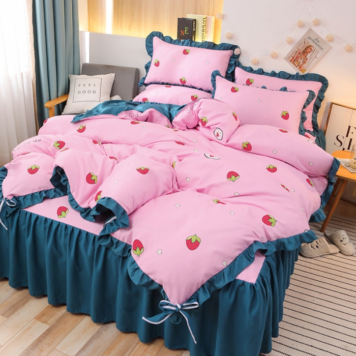 91家纺网 家纺一手货源 找家纺 美莱家纺 2022韩版小清新加厚磨毛床裙四件套 草莓甜心