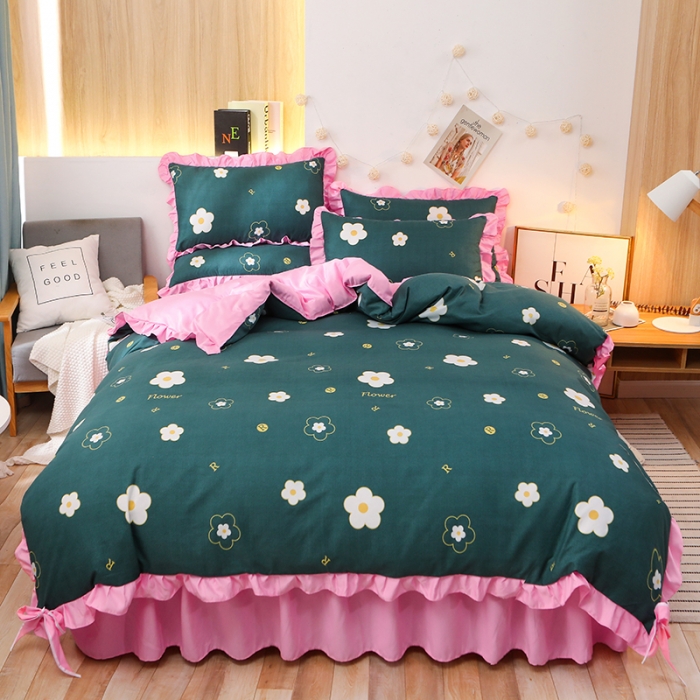 91家纺网 家纺一手货源 找家纺 美莱家纺 2022韩版小清新加厚磨毛床裙四件套 花朵