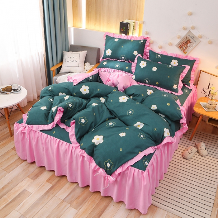 91家纺网 家纺一手货源 找家纺 美莱家纺 2022韩版小清新加厚磨毛床裙四件套 花朵