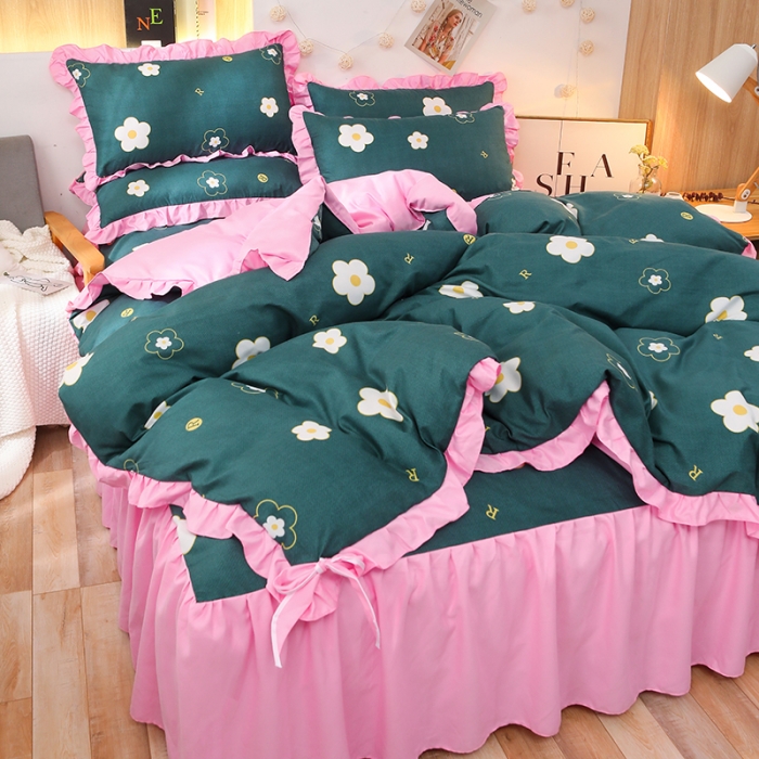 91家纺网 家纺一手货源 找家纺 美莱家纺 2022韩版小清新加厚磨毛床裙四件套 花朵