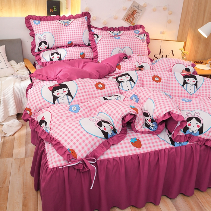 91家纺网 家纺一手货源 找家纺 美莱家纺 2022韩版小清新加厚磨毛床裙四件套 花花姑娘