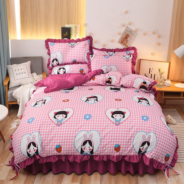 91家纺网 家纺一手货源 找家纺 美莱家纺 2022韩版小清新加厚磨毛床裙四件套 花花姑娘