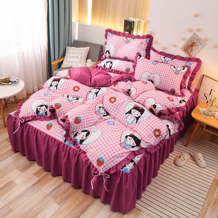 91家纺网 家纺一手货源 找家纺 美莱家纺 2022韩版小清新加厚磨毛床裙四件套 花花姑娘