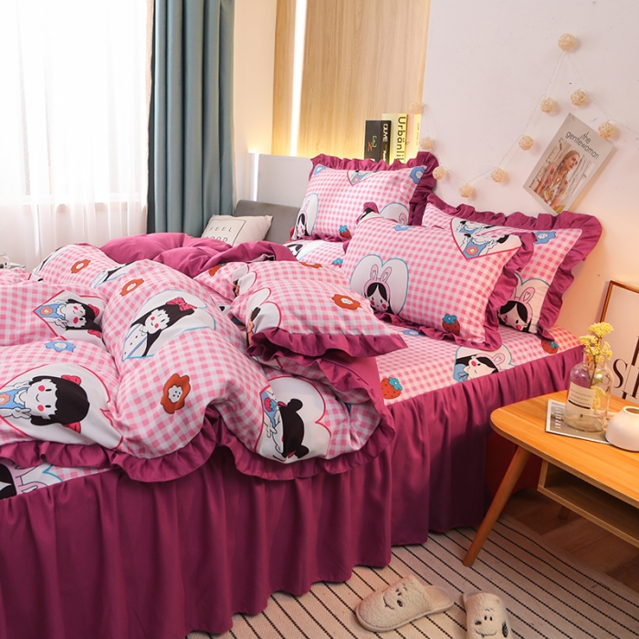 91家纺网 家纺一手货源 找家纺 美莱家纺 2022韩版小清新加厚磨毛床裙四件套 花花姑娘