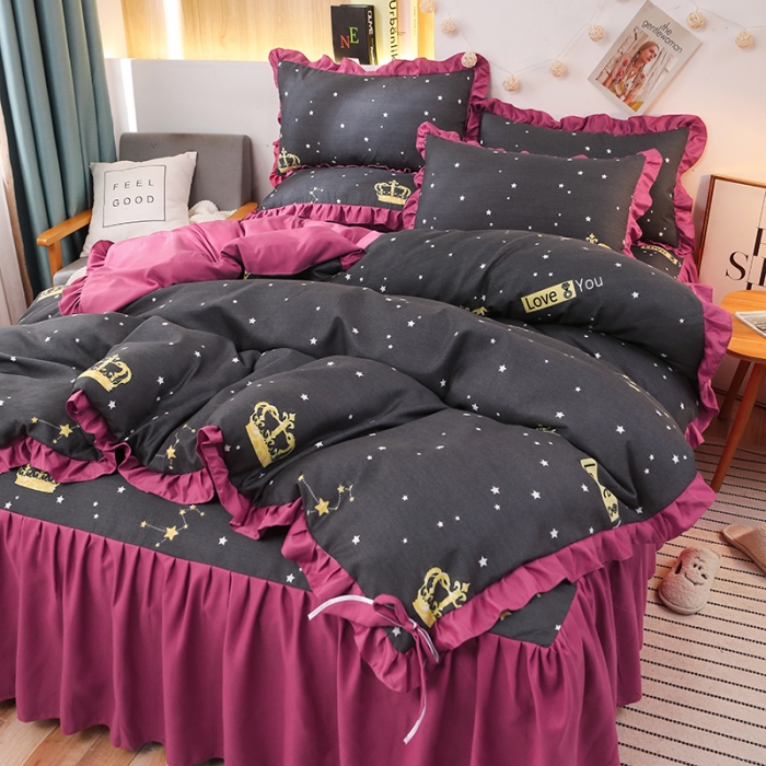 91家纺网 家纺一手货源 找家纺 美莱家纺 2022韩版小清新加厚磨毛床裙四件套 皇冠风情